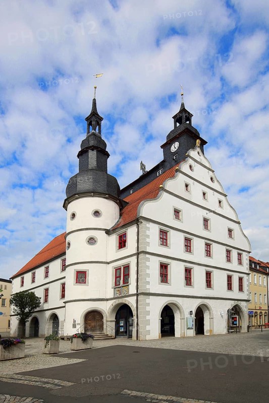 Renaissance town hall with turrets, market square, Hildburghausen, Franconia, Thuringia, Germany