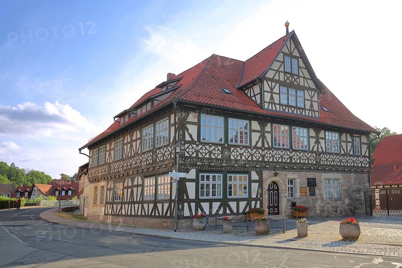Historic official residence built in 1665, half-timbered house, hipped roof, Themar, fieldstone, Thuringia, Germany