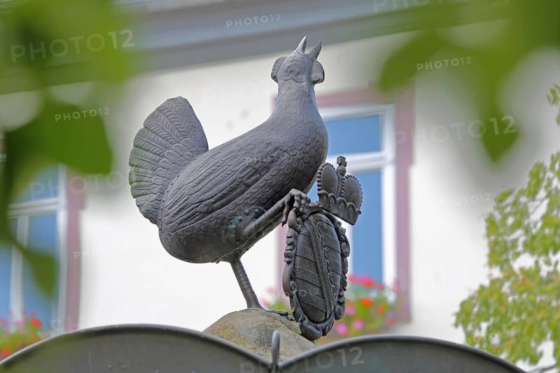 Grey bronze sculpture and coat of arms with crown at the Hennebrunnen fountain, bird figure, screaming, tail feathers, market square, Ilmenau, Thuringian Forest, Thuringia, Germany