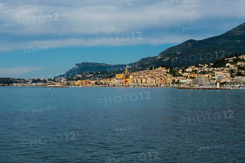 Town with colourful houses by the sea, Menton, Alpes Maritimes, Provence Alpes Cote d'Azur, French Riviera, South of France, France