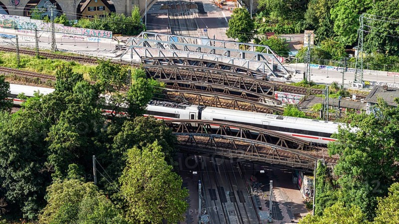 Railway bridges at Stuttgart North Station with ICE. More than 1000 Deutsche Bahn AG bridges need to be renovated. Symbolic photo. Stuttgart, Baden-Württemberg, Germany