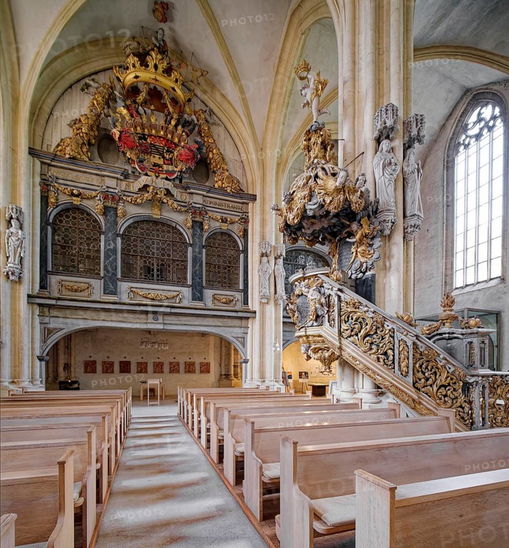 St Peter and Paul Cathedral, interior with pulpit and royal box, Museum Zeitzer Schloss Moritzburg, early baroque style, Zeitz, Saxony-Anhalt, Germany