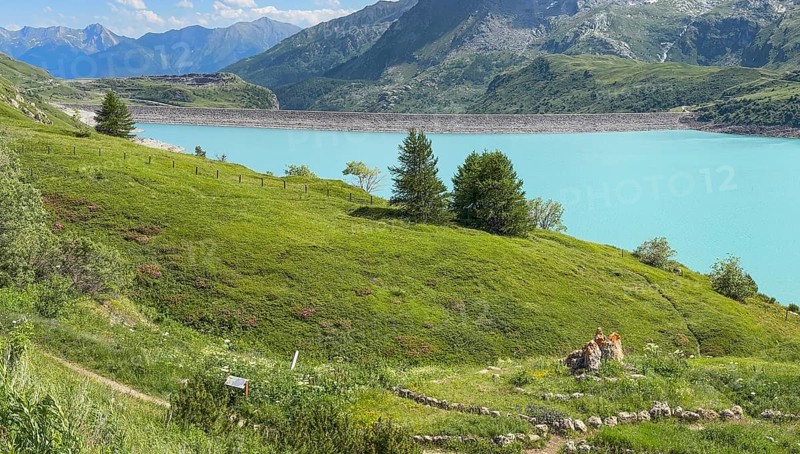 View of barrage dam with 1400 metre crest length in the eastern part southeast of Lac du Mont Cenis, Mont Cenis massif, Massif du Mont-Cenis, Graian Alps, Lanslebourg, Rhone-Alpes, France, built until 1969