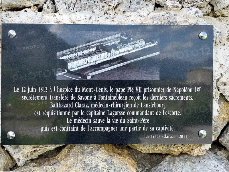 Memorial plaque commemorating the imprisonment of Pope Pie Pius VII in the Hospice l'Hospice du Mont Cenis by Emperor Napoleon I on 12 June 1812, Pyramid Museum Musée Museo Mont Cenis, Mont Cenis Massif, Massif du Mont-Cenis, Graian Alps, Lanslebourg, Rhone-Alpes, France