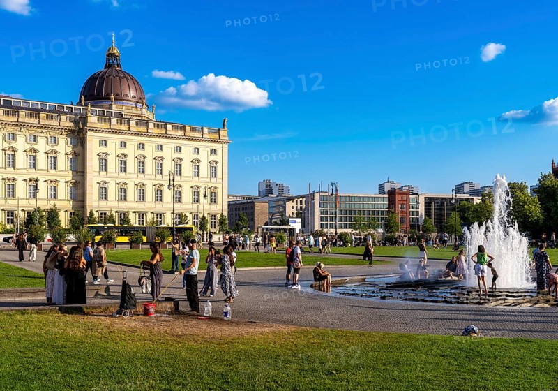 The Lustgarten with fountain and the Humboldt Forum, Berlin, Germany
