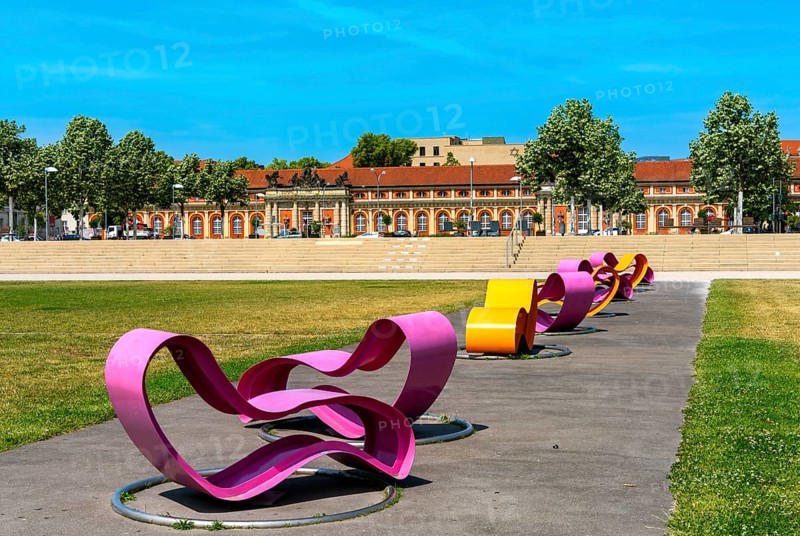 Modern seating elements in the Lustgarten, Potsdam, Brandenburg, Germany