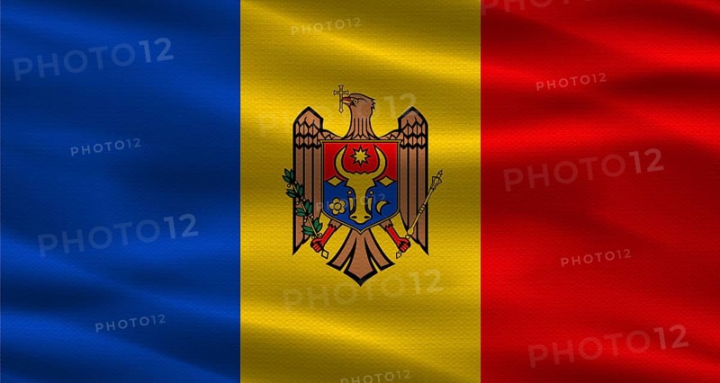 Moldova flag with fabric texture. Realistic flag of Moldova waving