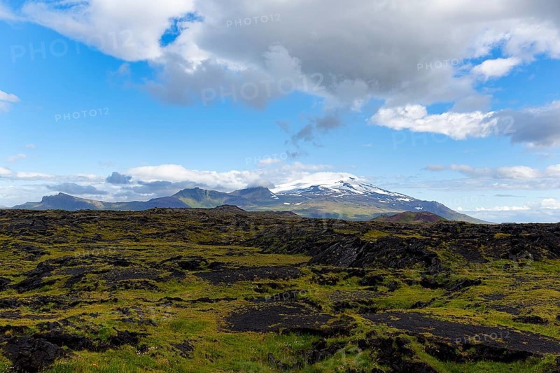 Snaefellsjökull National Park with Snaefell volcano on the horizon, Snaefellsjökull glacier, Skalasnagi, Öndverdarnes, Snæfellsnes peninsula, Snaefellsnes, Iceland