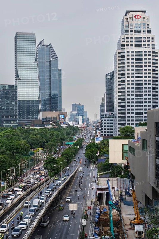 Road traffic and HSBC building, Bangkok, Thailand
