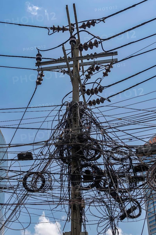 Electricity pylon cable tangle, Bangkok, Thailand