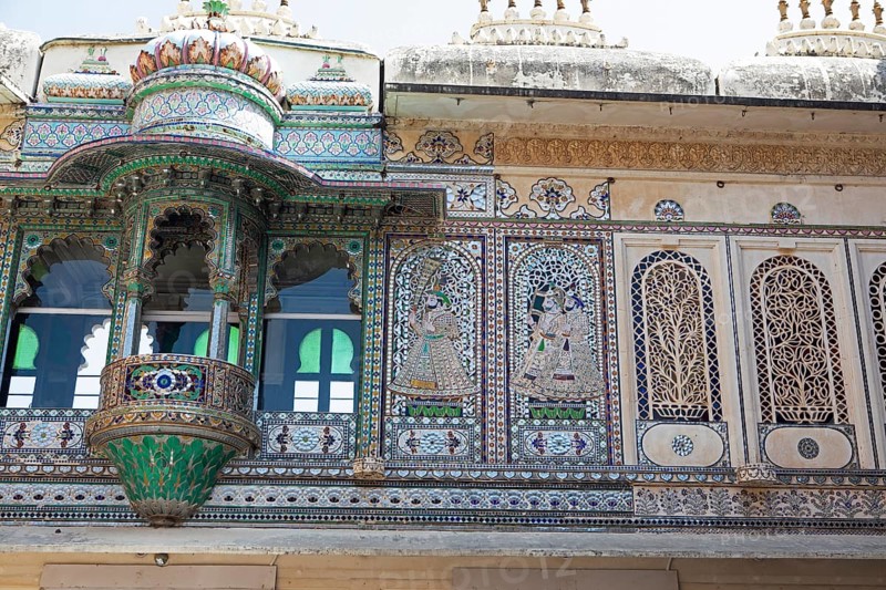 Mosaics in an inner courtyard of the City Palace Museum, City Palace of Udaipur, Rajasthan, India