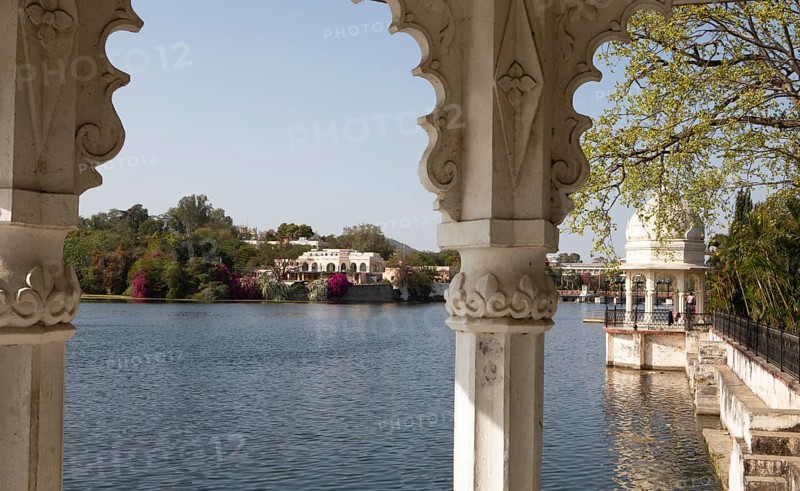 Pagodas in the Swaroop Sagar Garden at Swaroop Sagar Lake, Udaipur, Rajasthan, India