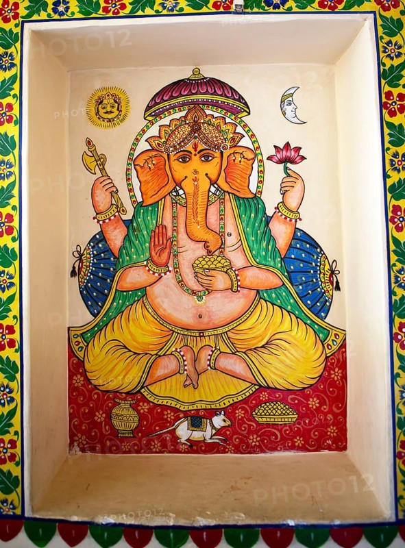 Mural painting, elephant-headed Hindu god Ganesh or Ganpati, City Palace, Udaipur, Rajasthan, India