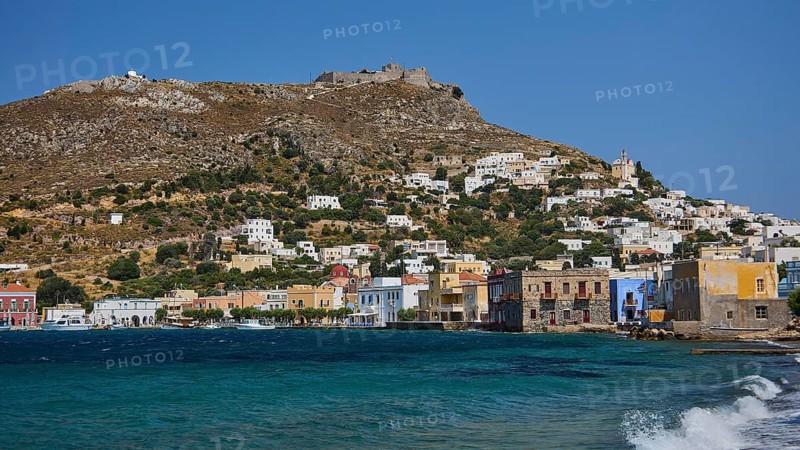 Panteli Fortress, Hilly coastal town with densely built blue and white houses, Agia Marina, Leros, Dodecanese, Greek Islands, Greece