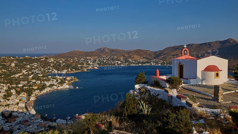 Profitis Ilias Church, Morning landscape with a church overlooking a bay and a village on a gentle hill, Ormos Alintas, Agia Marina, Leros, Dodecanese, Greek Islands, Greece