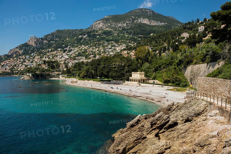 View of Roquebrune and Monaco, Plage du Golfe Bleu, Alpes Maritimes, Provence Alpes Cote d'Azur, French Riviera, South of France, France
