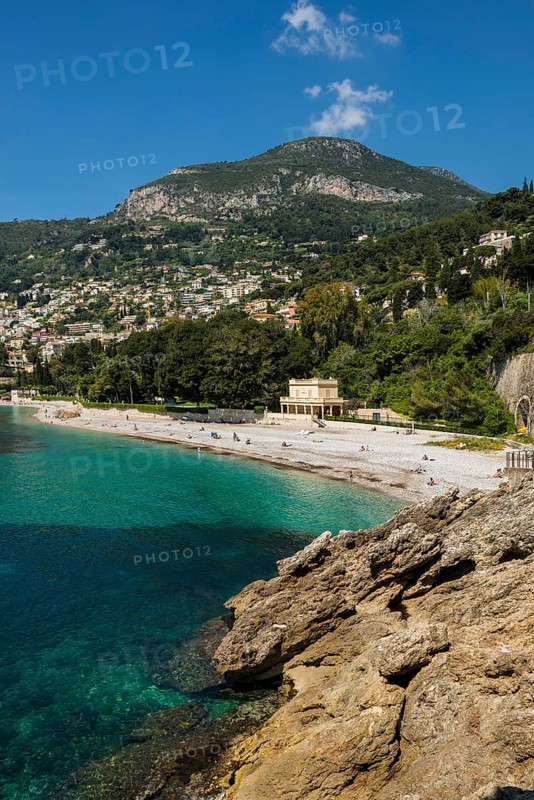 View of Roquebrune and Monaco, Plage du Golfe Bleu, Alpes Maritimes, Provence Alpes Cote d'Azur, French Riviera, South of France, France