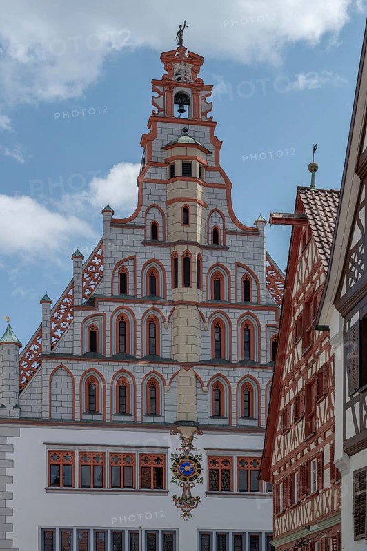 Historic gable of the town hall, built in 1426, historic half-timbered houses on the right, Bad forest lake, Baden-Württemberg, Germany