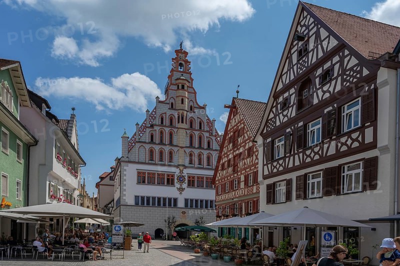 Historic town hall, built in 1426, historic half-timbered houses on the right, Bad forest lake, Baden-Württemberg, Germany