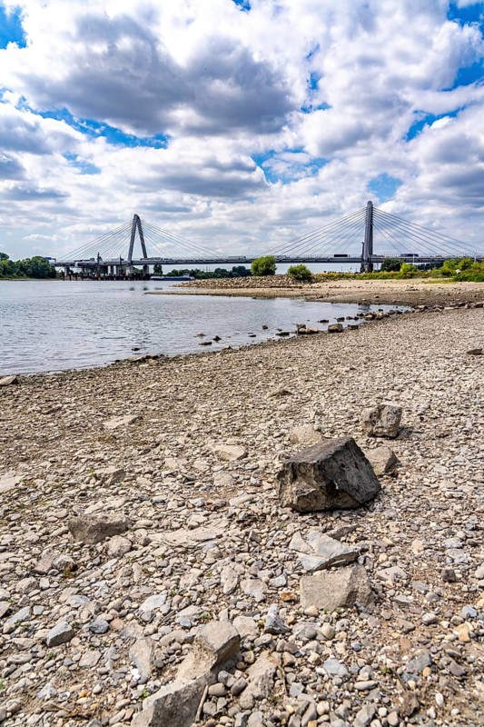 Low water level of the Rhine at Leverkusen, new Rhine bridge on the A1 motorway, extremely low water level of the Rhine, no restrictions on inland navigation yet, North Rhine-Westphalia, Germany