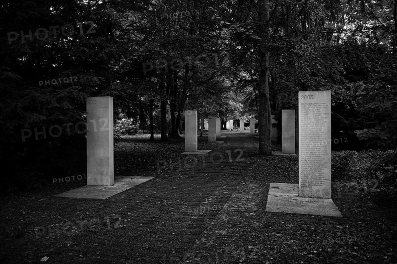 Stelae at the Mémorial des Réporters, memorial to the freedom of the press, memorial to journalists and photographers killed in the line of duty, black and white, Bayeux, Normandy, Calvados, France