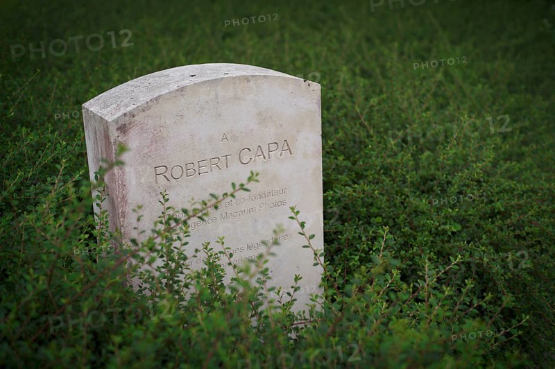 Separate memorial stone for war reporter Robert Capa, actually André Endre Erno Friedman, Mémorial des Réporters, memorial to freedom of the press, memorial to journalists and photographers killed in the line of duty, Bayeux, Normandy, Calvados, France