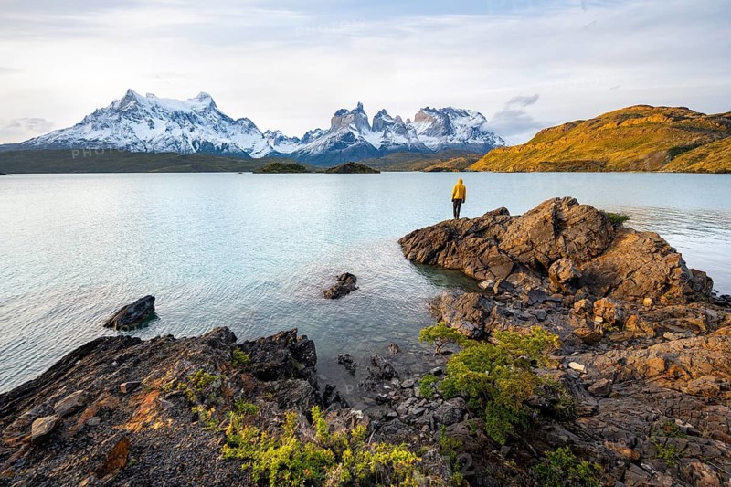 Young man on the shore of the blue lake Lago Pehoe in the evening light, Cuernos del Paine mountain range, Torres del Paine National Park, Chile