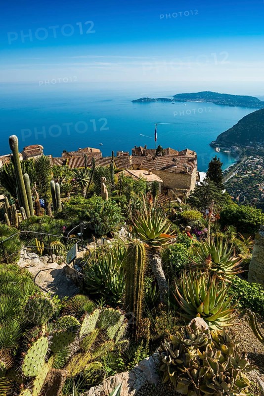 Picturesque mountain village overlooking the sea, Jardin Exotique, Èze, Cote d'Azur, Alpes-Maritimes, Provence-Alpes-Cote-d'Azur, South of France, France