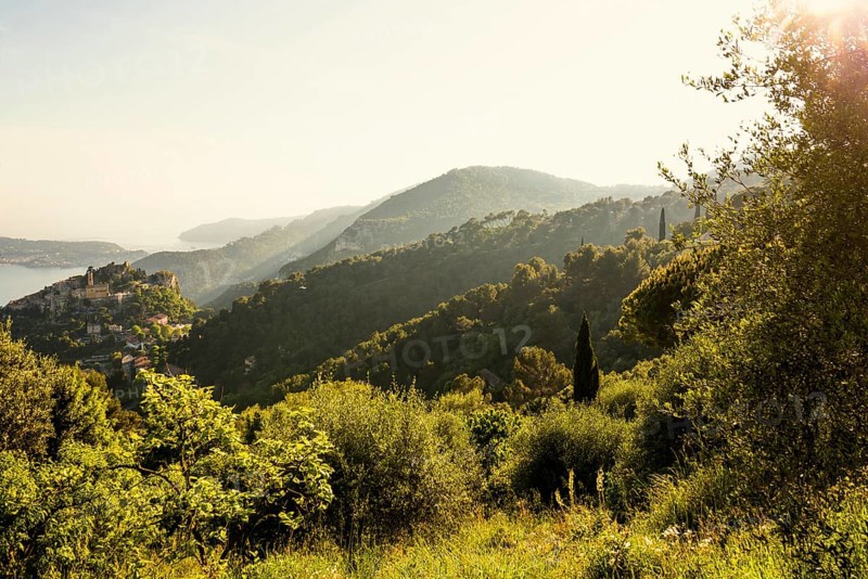 Picturesque mountain village above the sea, sunset, Èze, Cote d'Azur, Alpes-Maritimes, Provence-Alpes-Cote-d'Azur, South of France, France