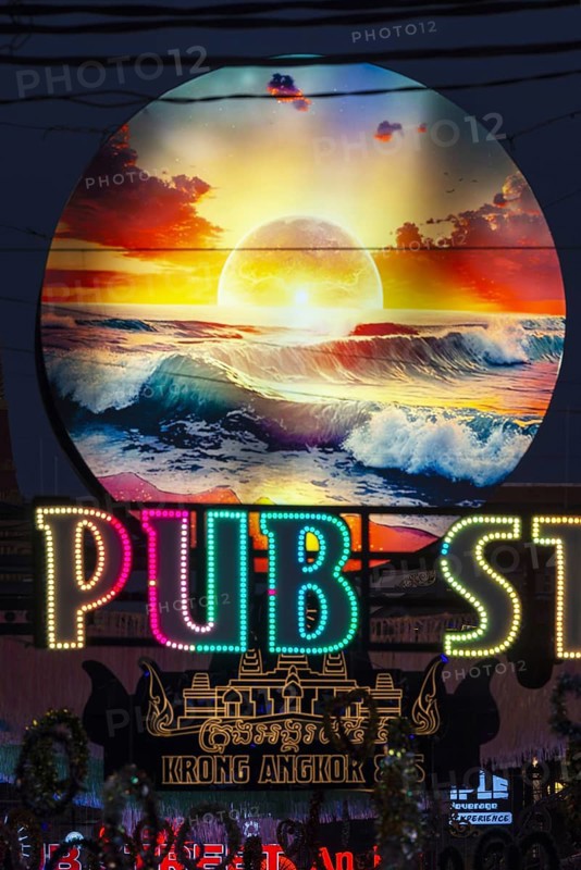 Neon lights, Pub Street in the evening, entertainment district with bars and restaurants, Siem Reap, Cambodia