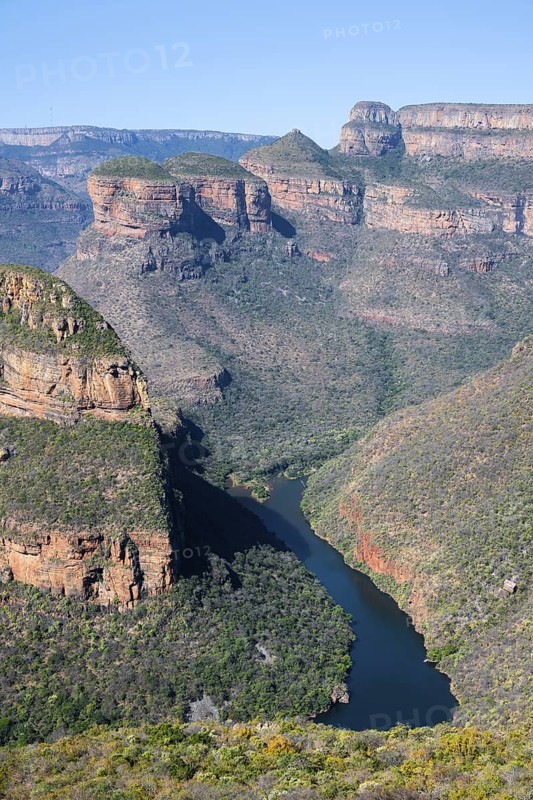 Blyde River Canyon with Three Rondawels peak, view of canyon with Blyde River and Table Mountains, canyon landscape, Panorama Route, Mpumalanga, South Africa
