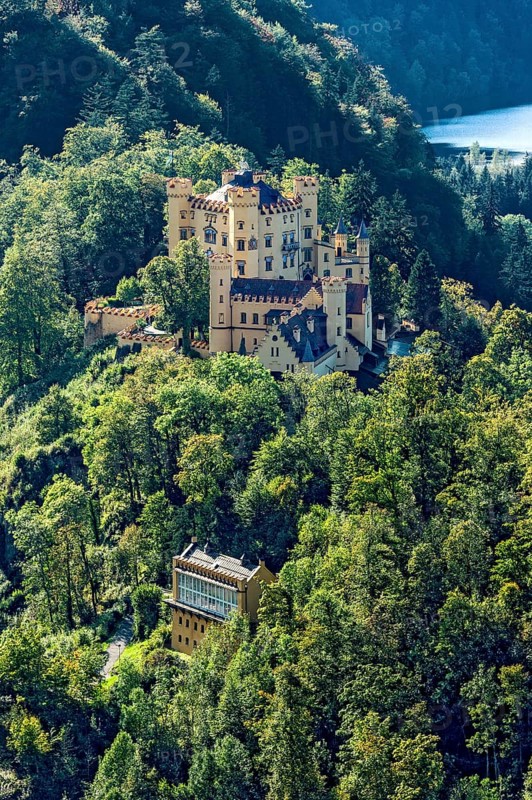 View from Neuschwanstein Castle to Hohenschwangau Castle, behind Schwansee, Schwangau, Königswinkel, Ostallgäu, Allgäu, Swabia, Bavaria, Germany