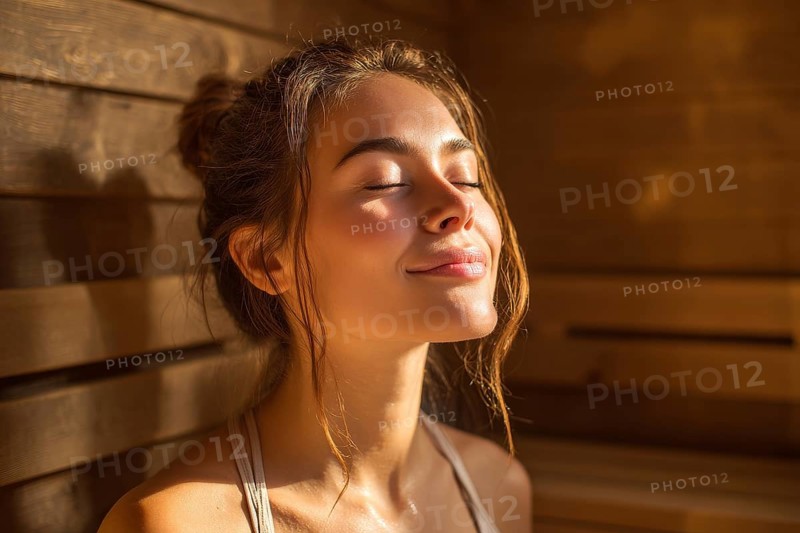 Beautiful lady relaxing in hot steamy sauna. Concept of relaxation in beauty spa, AI generated
