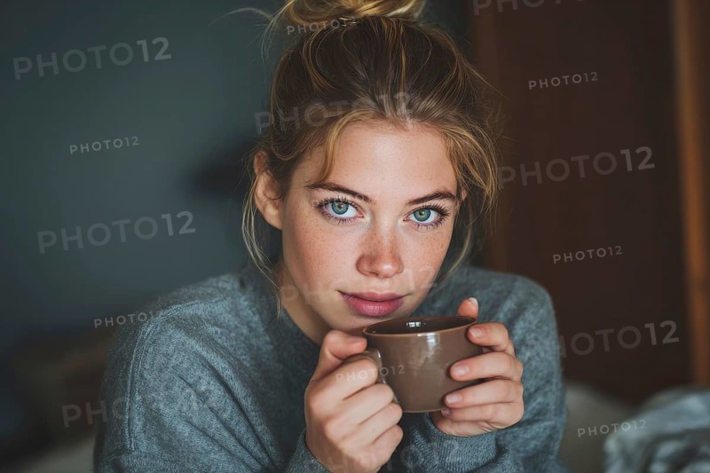 Beautiful young woman drinking tea or coffee while resting at home in comfort in cold weather, AI generated