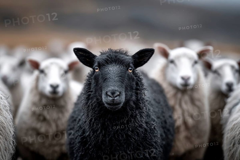 Black sheep sticking among white sheep. Black sheep in the family. Concept of a different person or exclusion from society, AI generated