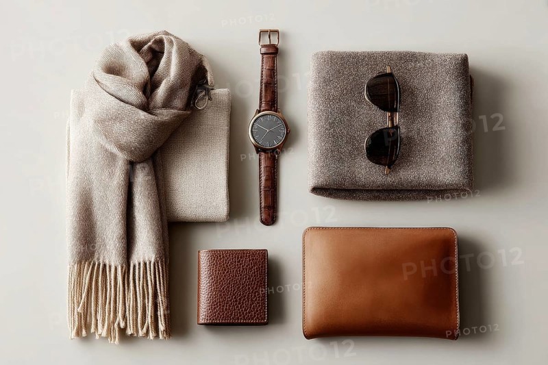 Beige and Brown Leather Accessories Flatlay. Modern business and lifestyle fashion accessories. Watch, wallet and cellphones, AI generated
