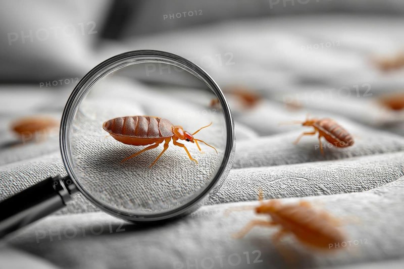 Bed bugs and dust mites concept with the magnifying glass. Allergy and old linen that contains parasites, AI generated