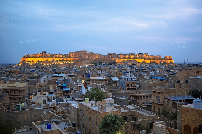 City view Jaisalmer at blue hour, behind the fortress in the light, Jaisalmer, Rajasthan, India