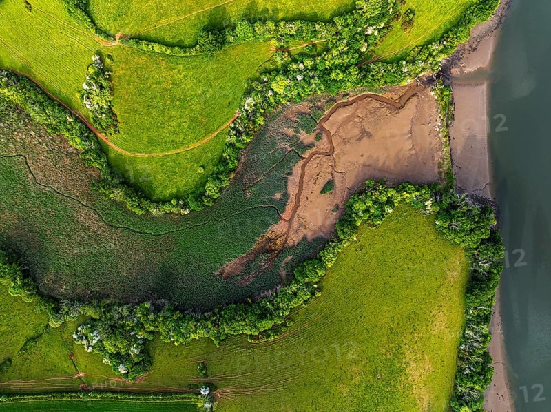 Top Down over Marshes over River Dart from a drone, Stoke Gabriel, Totnes, Devon, England, United Kingdom