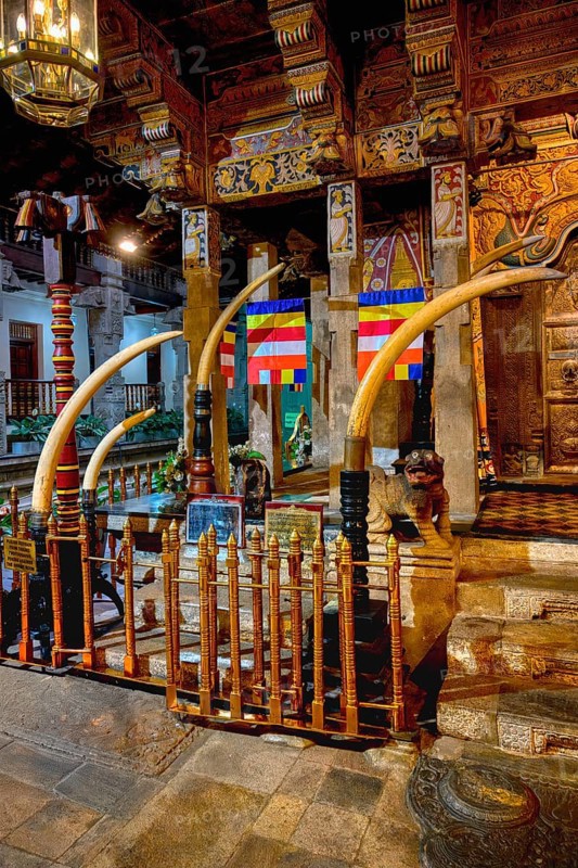 Temple of the sacred Tooth Relic or Sri Dalada Maligawa, Holy Shrine decorated with elephant tusks, Kandy, Sri Lanka