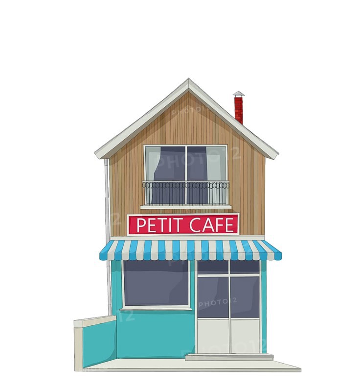 Street view of a small city street cafe with terrace, menu board, table and chair, vector sketch