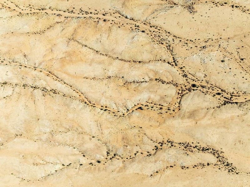 Arid desert plain and dried-up river beds with sparse vegetation. Aerial view. Drone shot. Gondwana Canyon Park. Namibia