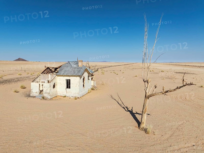 The long abandoned Garum train station in the southern Namib Desert. Aerial view. Drone shot. Namibia