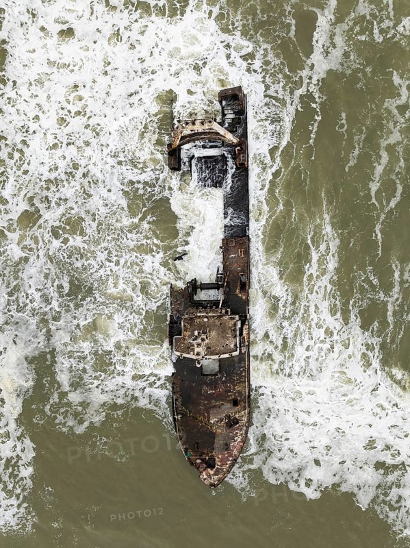 The Zeila shipwreck at the Skeleton Coast. Aerial view. Drone shot. Dorob National Park, Namibia