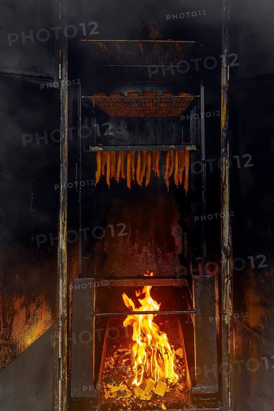 Smoking fish over beechwood fire in large metal smoker oven on the island Usedom in the Baltic Sea, Mecklenburg-Vorpommern, Germany