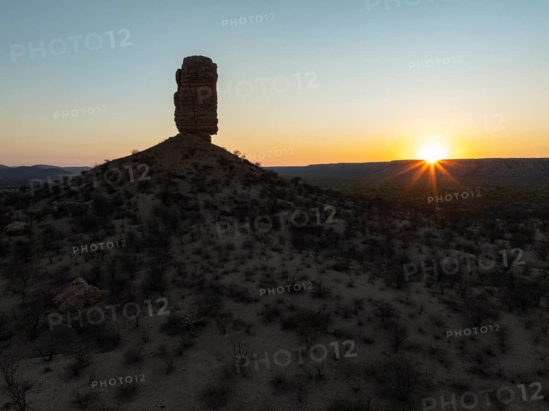 The Vingerklip (rock finger) at sunrise. Aerial view. Drone shot. Damaraland, Namibia
