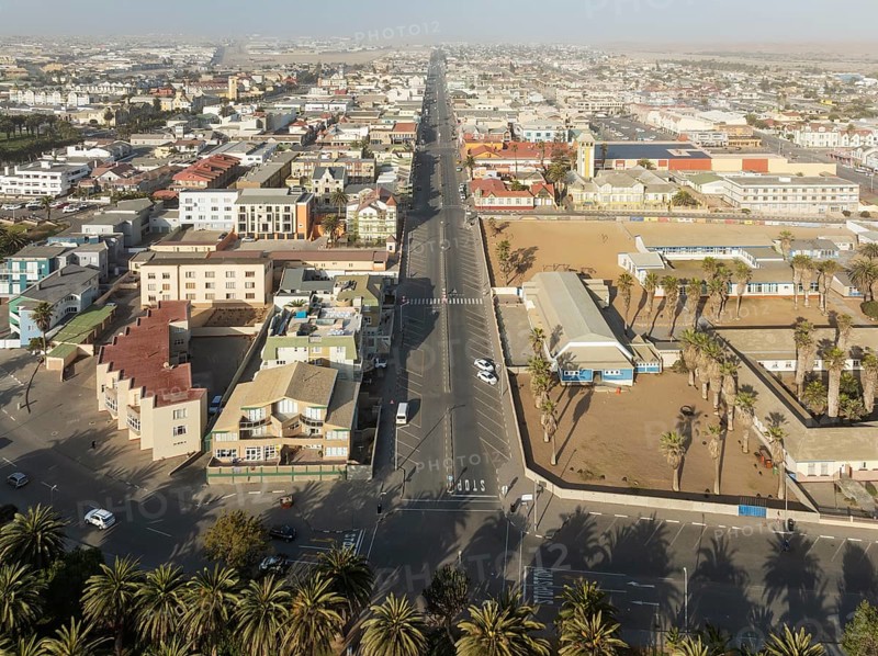 The coastal town of Swakopmund between Namib Desert and Atlantic Ocean. Aerial view. Namibia