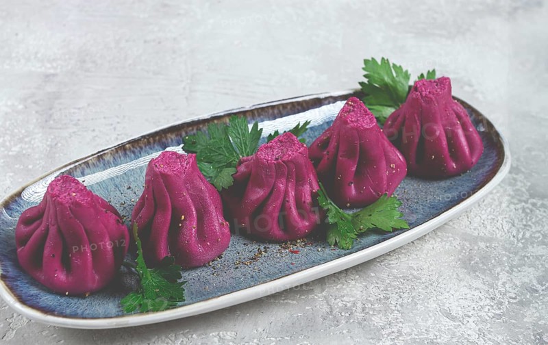 Beetroot khinkali, mini khinkali, purple, Georgian cuisine, no people