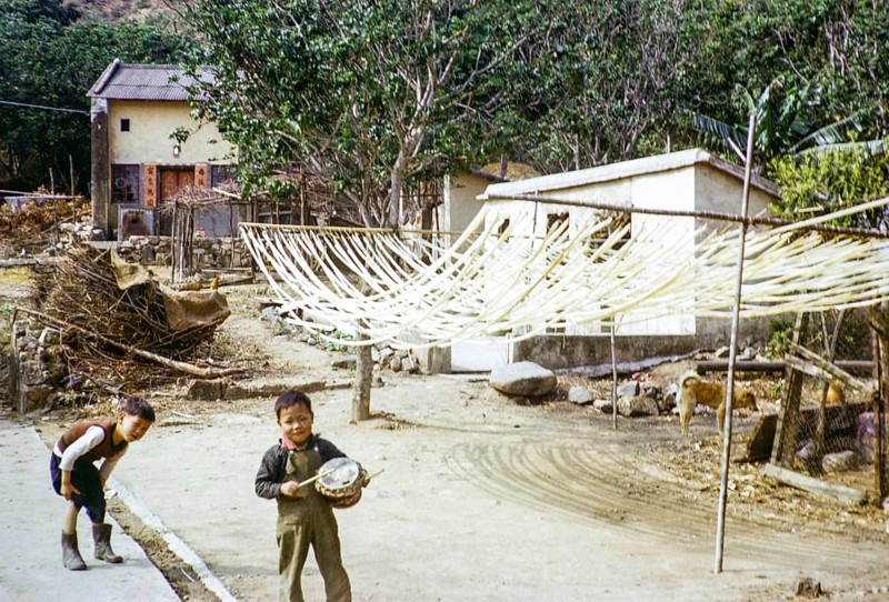 Noodles drying in sun, Tai Tei Tong village, Silver Mine Bay Mui Wo, Lantua Island, New Territories, Hong Kong, Asia 1964