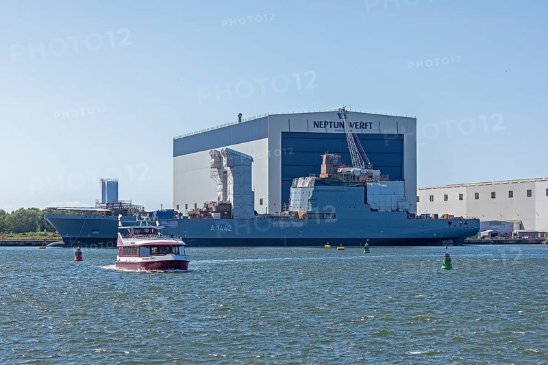 Overseas harbour, excursion boat, naval vessel, Neptune shipyard, Warnemünde, Rostock, Mecklenburg-Western Pomerania, Germany